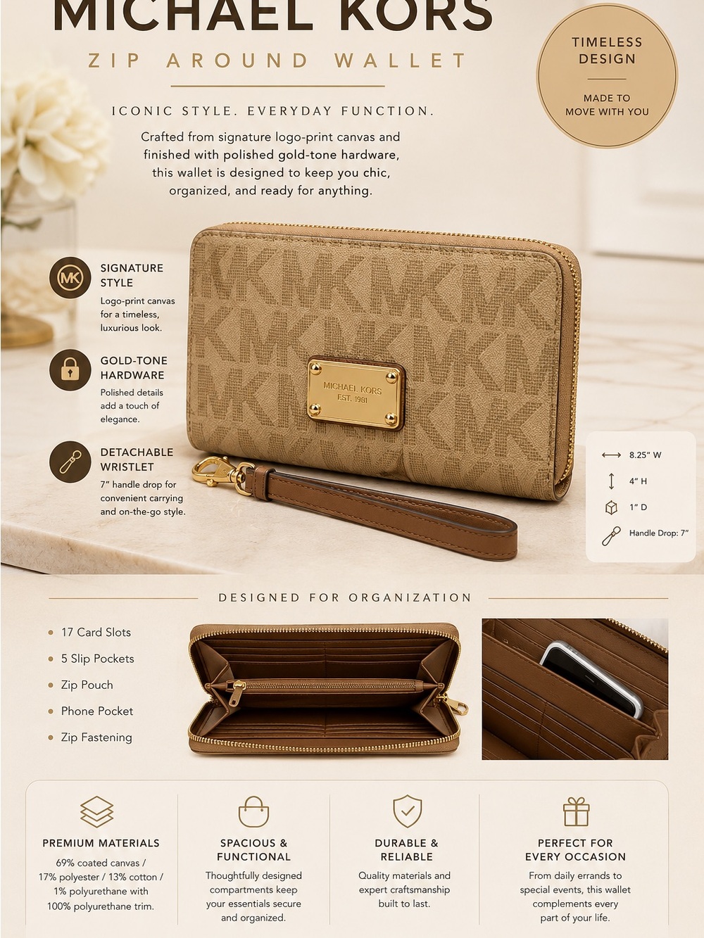 Michael Kors Tan Logo-Print Zip Around Wallet with Detachable Wristlet